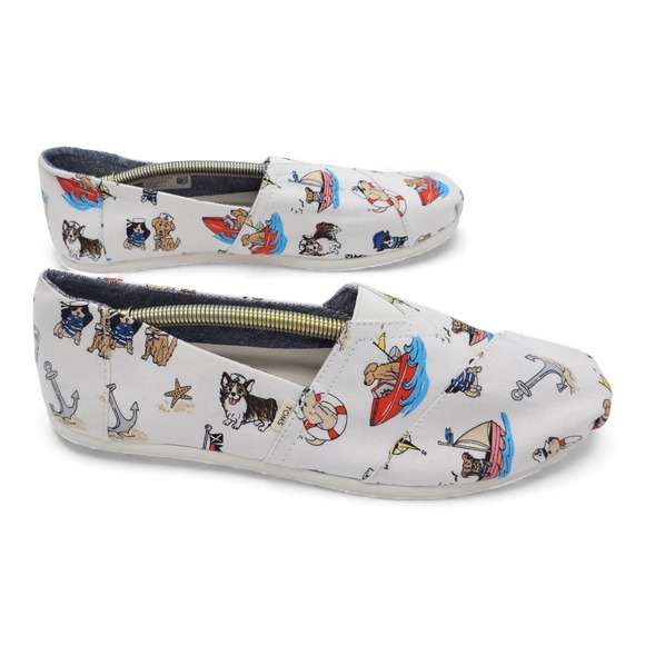 Toms Women's White Nautical Dog Print Slip On Flats Shoes Size 9.5 - Picture 2 of 8